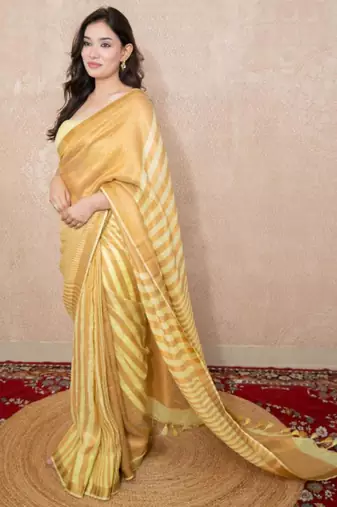 yellow striped zari linen saree