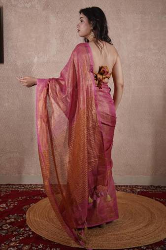 pink zari saree with striped pallu