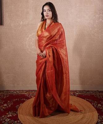 red zari saree with striped pallu 2