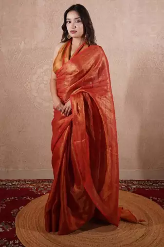 red zari saree with striped pallu