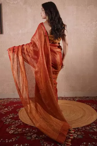 red zari saree with striped pallu
