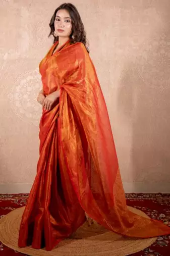 red zari saree with striped pallu