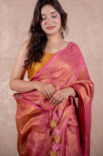 pink zari saree with striped pallu