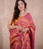 pink zari saree with striped pallu