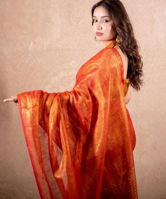 red zari saree with striped pallu 5