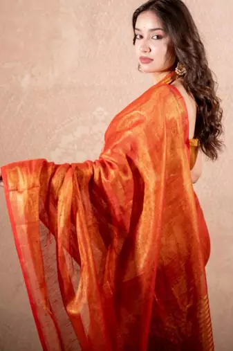 red zari saree with striped pallu