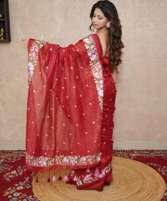 red floral silk blend saree 1