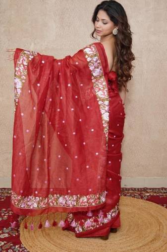 red floral silk blend saree