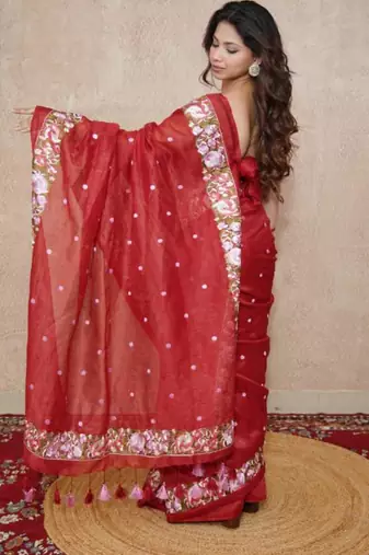 red floral silk blend saree