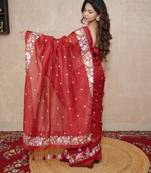 red floral silk blend saree