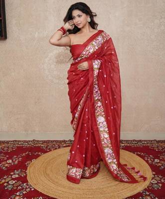 red floral silk blend saree 2