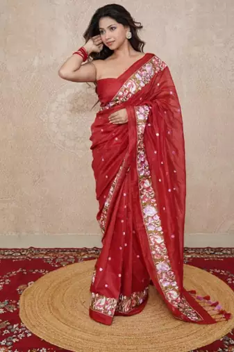 red floral silk blend saree