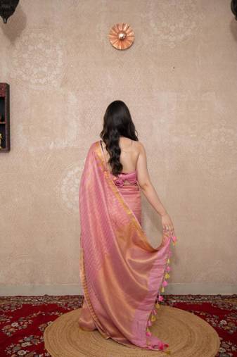 pink striped zari linen saree