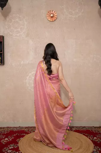 pink striped zari linen saree