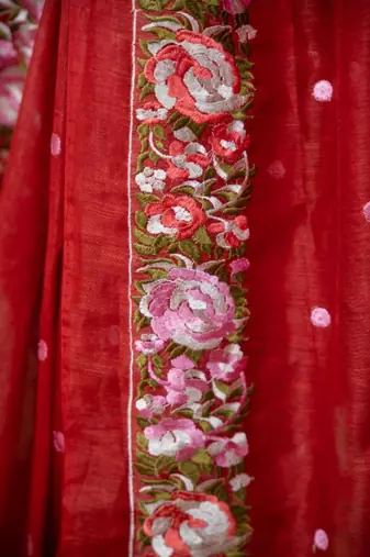 red floral silk blend saree