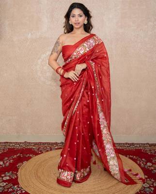 red floral silk blend saree 4