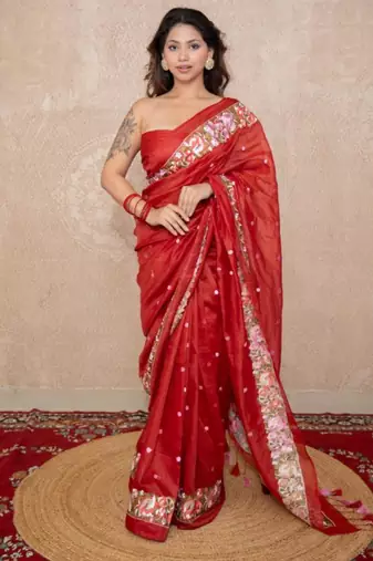 red floral silk blend saree