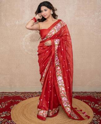 red floral silk blend saree 5