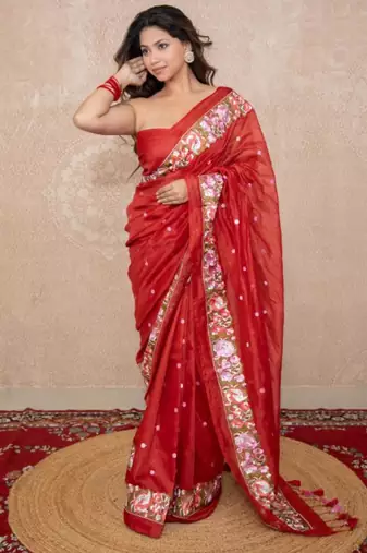 red floral silk blend saree