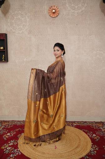brown saree with hand embroidery