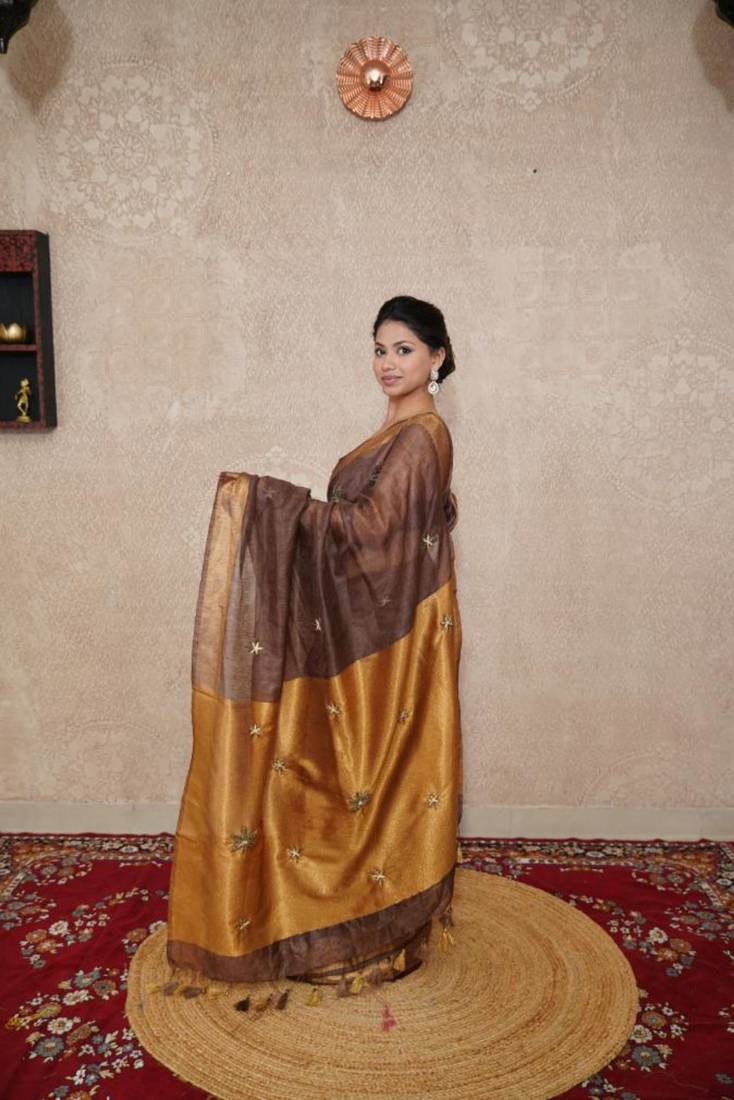 brown saree with hand embroidery