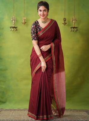 maroon narayanpet woven cotton saree 1
