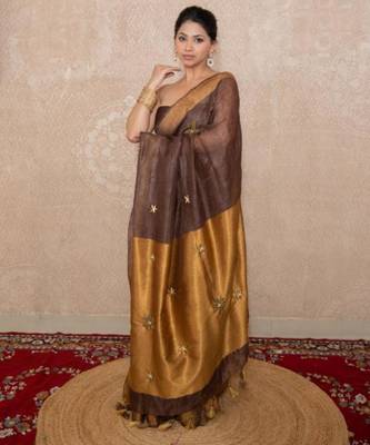brown saree with hand embroidery 3