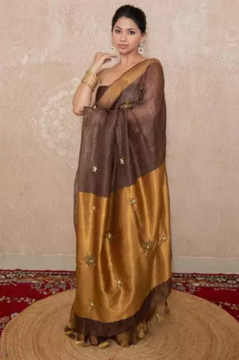 brown saree with hand embroidery