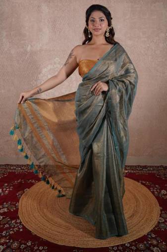 green saree with zari stripes