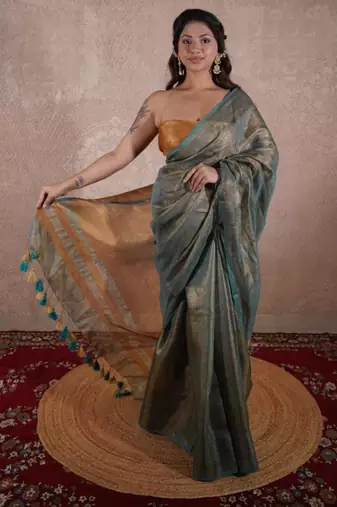 green saree with zari stripes