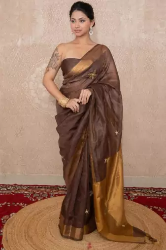 brown saree with hand embroidery