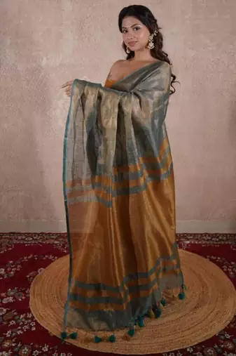 green saree with zari stripes