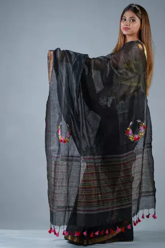 black silk blend linen saree