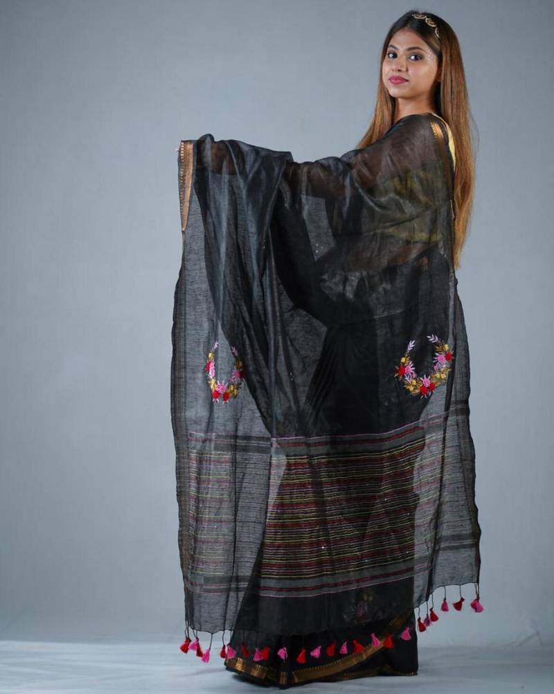 black silk blend linen saree