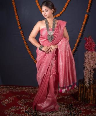 pink striped zari linen saree 1