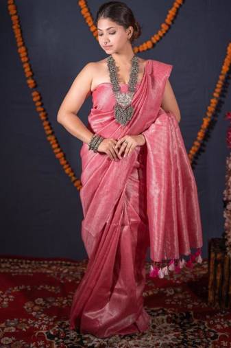 pink striped zari linen saree