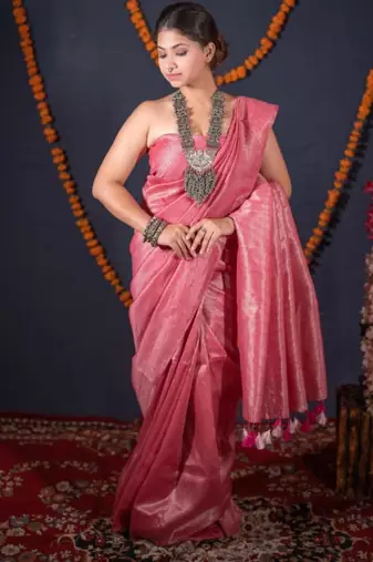 pink striped zari linen saree