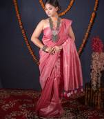 pink striped zari linen saree