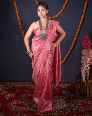 pink striped zari linen saree 2