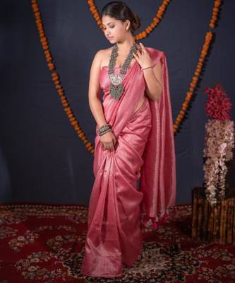 pink striped zari linen saree 3