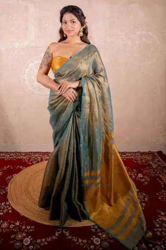 green saree with zari stripes