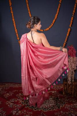 pink striped zari linen saree 5