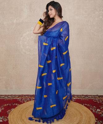 Blue silk blend saree with leaf embroidery 1