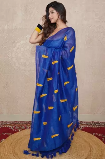 Blue silk blend saree with leaf embroidery