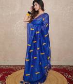 Blue silk blend saree with leaf embroidery