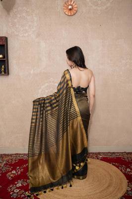 black striped zari linen saree 2