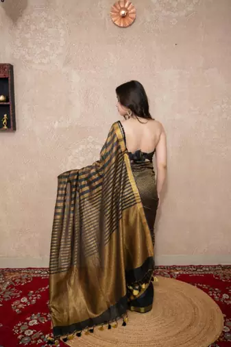 black striped zari linen saree