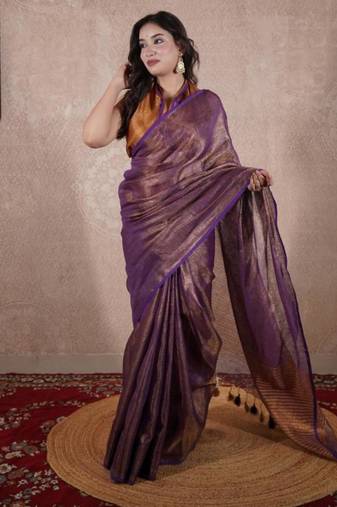 purple saree with striped pallu