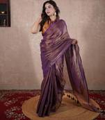 purple saree with striped pallu