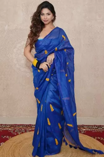 Blue silk blend saree with leaf embroidery